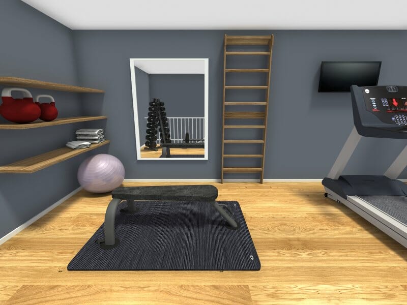 3D Photo of a home gym and workout room.