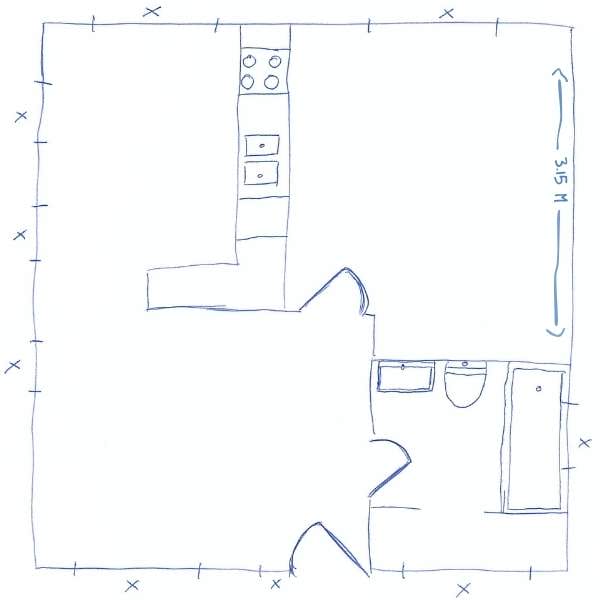 Hand-drawn floor plan sketch showing a small apartment with kitchen layout, bathroom with sink, toilet, and shower, and a marked measurement of 3.15 meters.