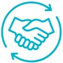 Blue line icon of a handshake enclosed within a circular arrow, symbolizing an ongoing collaboration.