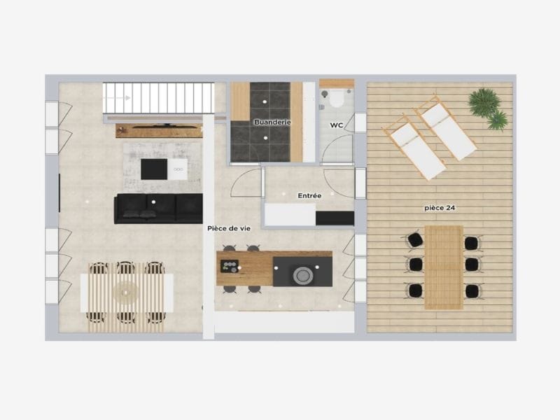 HomeByMe 2D floor plan of a first floor of a house. The floor plan includes a dining/living area, a kitchen, WC, and an outdoor area.