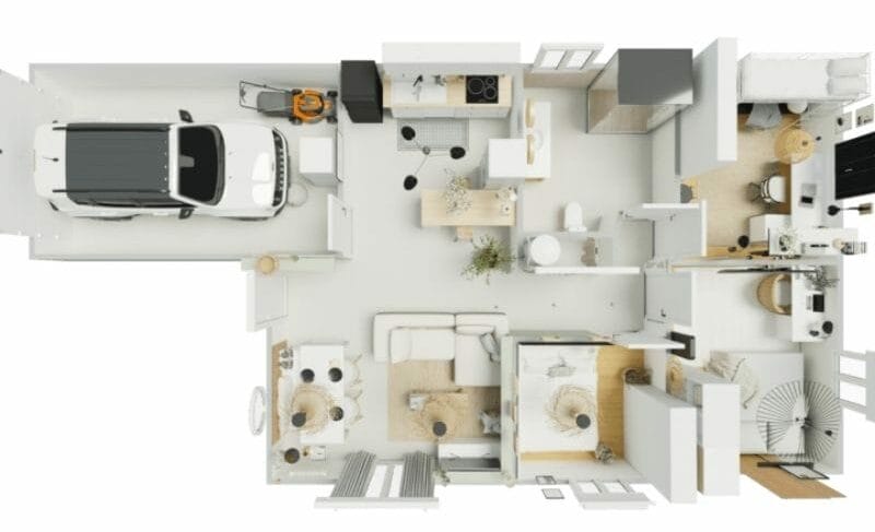 3D floor plan made with HomeByMe. The floor plan is of a three bedroom house with one bathroom, and an open living/kitchen/dining area. There is also a garage attached to the house.