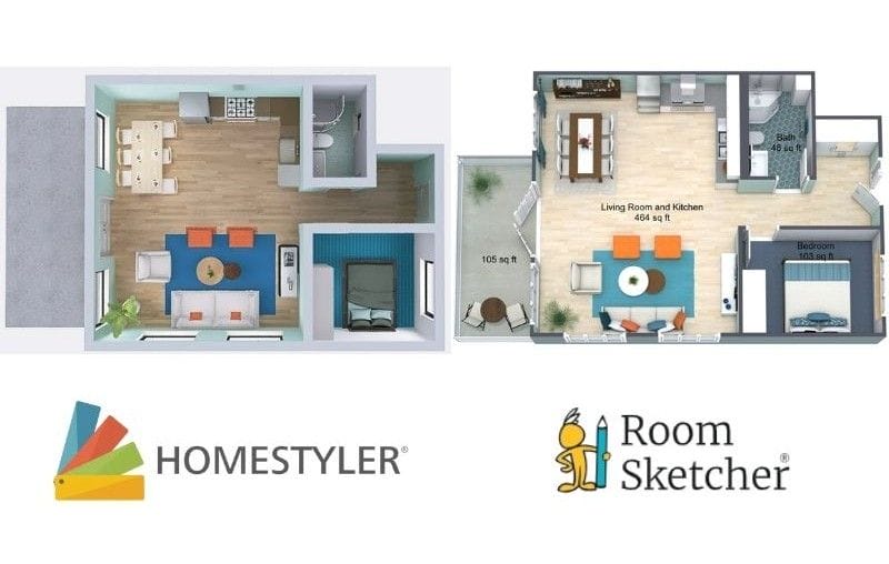 Homestyler vs RoomSketcher 3D floor plan comparison. On the left side of the image there is a 3D floor plan made with Homestyler. The floor plan is of a 1-bedroom, 1-bathroom apartment with a shared kitchen/living and dining area. The floor plan is fully furnished. Below the floor plan is the Homestyler logo. On the right side of the image there is a 3D floor plan made with RoomSketcher. The floor plan is the same layout as the one made with Homestyler. Below the floor plan is the RoomSketcher logo.