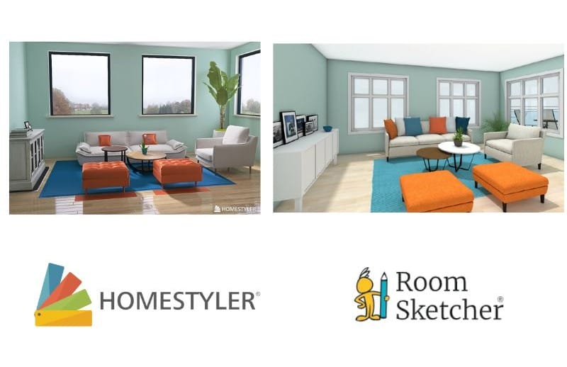 Homestyler vs RoomSketcher 3D Photo comparison. The left side of the image is a 3D photo made with Homestyler. The photo features a living room with teal colored walls, three windows, a white couch, a white chair, two wooden round coffee tables, a blue carpet, two orange ottomans, a white wooden media unit, a green plant, and wooden floors. On the right side of the image there is a 3D photo made with RoomSketcher. The photo is styled the same way as the 3D photo from Homestyler. Below the photo is the RoomSketcher logo.