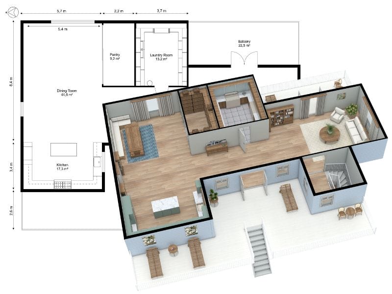 3D floor plan of a single-story home with labeled room measurements. The layout includes a kitchen with an island, a dining room, pantry, and laundry room. There's a spacious living room with a sectional sofa, a bathroom, and multiple bedrooms. A large balcony extends from the back, and the entryway features a front porch with seating. The design blends a blueprint-style layout with realistic interior visualization.