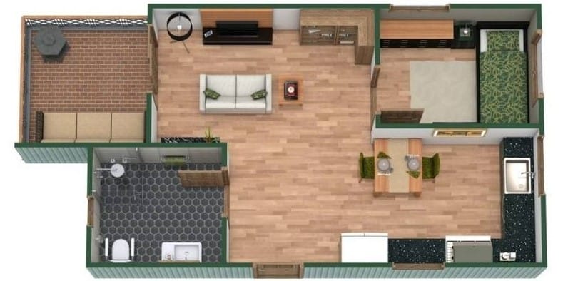 3D floor plan of a one-bedroom apartment with an open living and dining area, kitchen, and bathroom. The layout includes a private outdoor patio with seating, wood flooring in main areas, and a compact, functional design.
