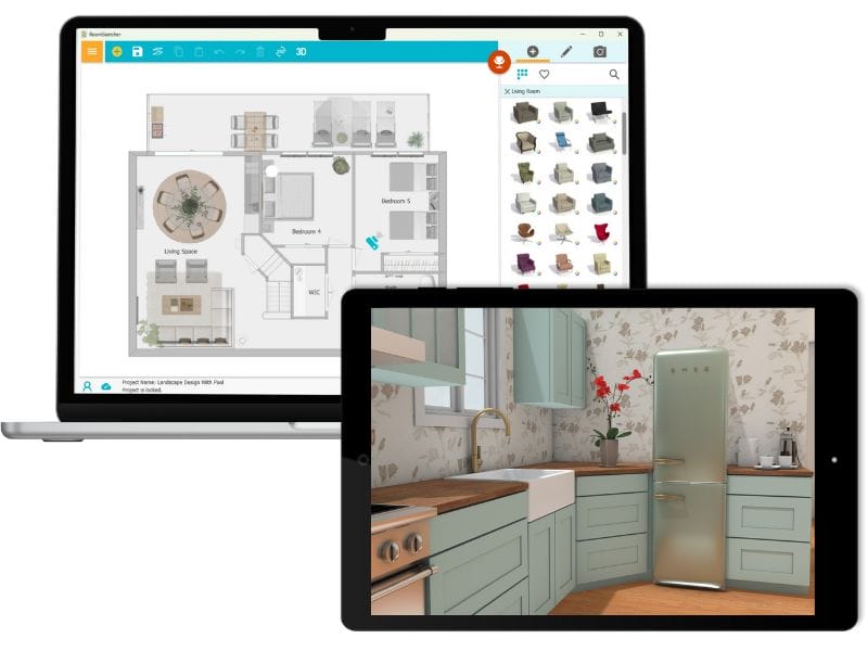 Laptop and tablet displaying interior design software. The laptop screen shows a 2D floor plan with room labels and furniture layout, while the tablet shows a 3D rendering of a kitchen with mint green cabinets, wood countertops, a farmhouse sink, and a retro-style refrigerator.