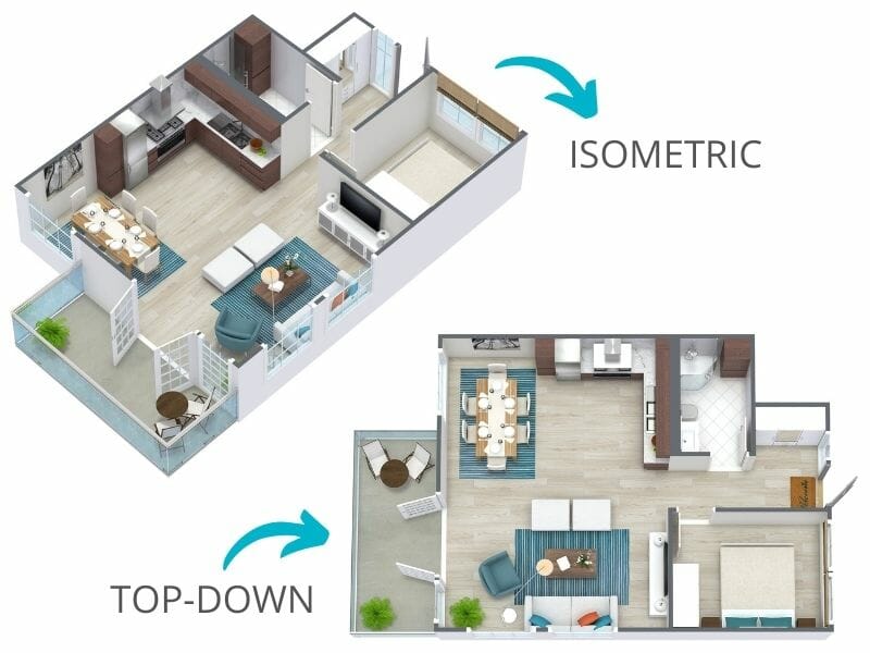 Comparison of two 3D floor plan views for the same one-bedroom apartment layout. The top image shows an isometric view with angled perspective, highlighting the kitchen, living room, bedroom, bathroom, and balcony. The bottom image shows a top-down view of the same layout, providing a clear, flat overview of furniture placement and room arrangement. Blue arrows and labels indicate the difference between the two visualization styles.