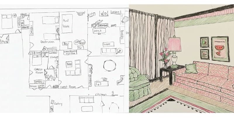 Hand-drawn interior design sketches showing a detailed floor plan on the left and a colored living room rendering on the right, featuring a pink sofa, green chair, framed artwork, and decorative accents.