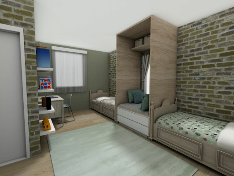 3D Photo of kids' bedroom with two beds.
