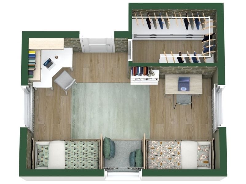 3D floor plan of a shared bedroom with two single beds placed side by side along the bottom wall. A large green area rug covers the center of the room.