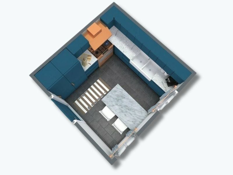 Top-down 3D view of a modern kitchen layout with cabinets, countertops, island seating, and appliances.