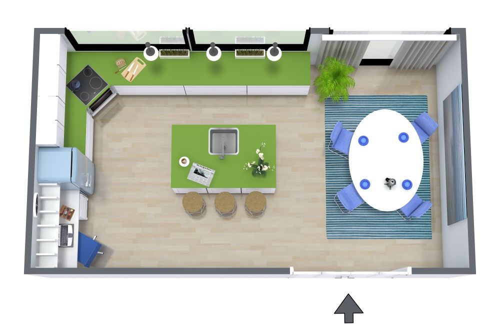 Kitchen Island Floor Plan with Green Countertops