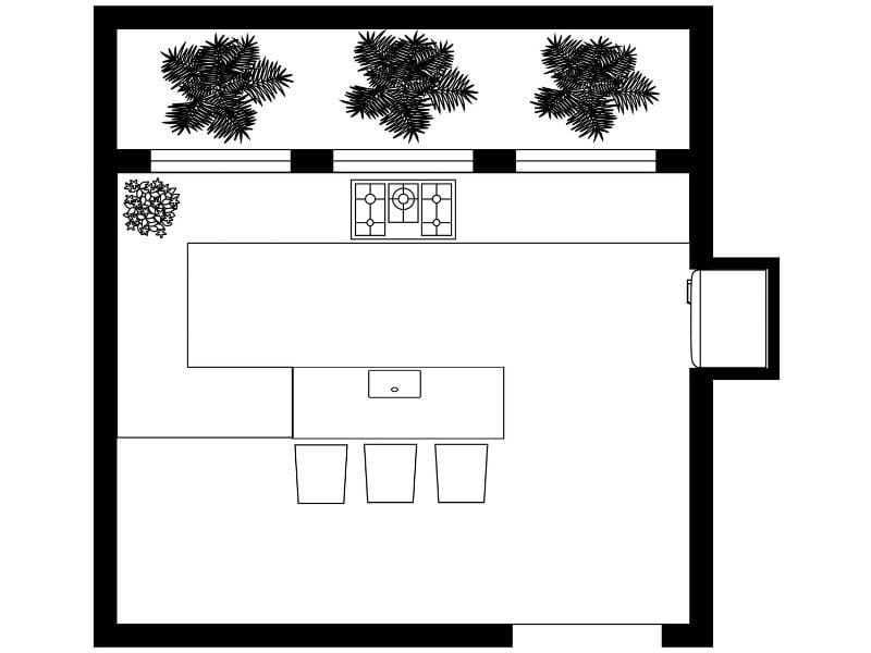 Black-and-white 2D floor plan of a kitchen showing cabinets, island seating, sink, cooktop, and window plants.