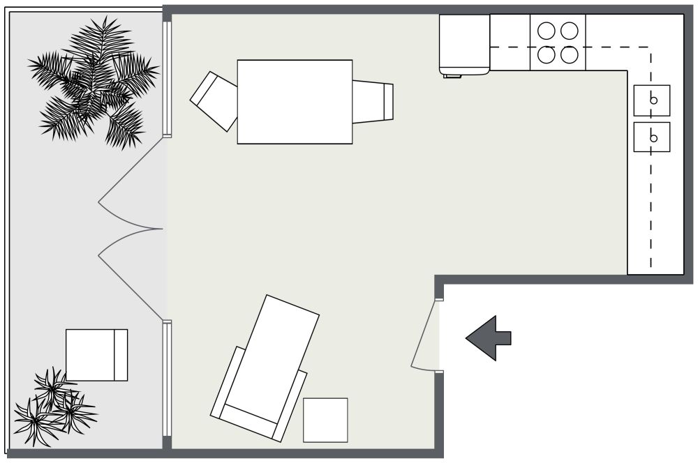 L-Shaped Kitchen 2D Floor Plan with Balcony