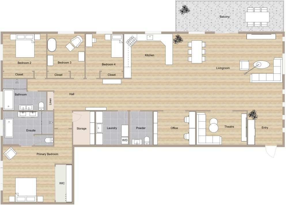 Large 4 Bedroom Apartment with Balcony 2D Floor Plan