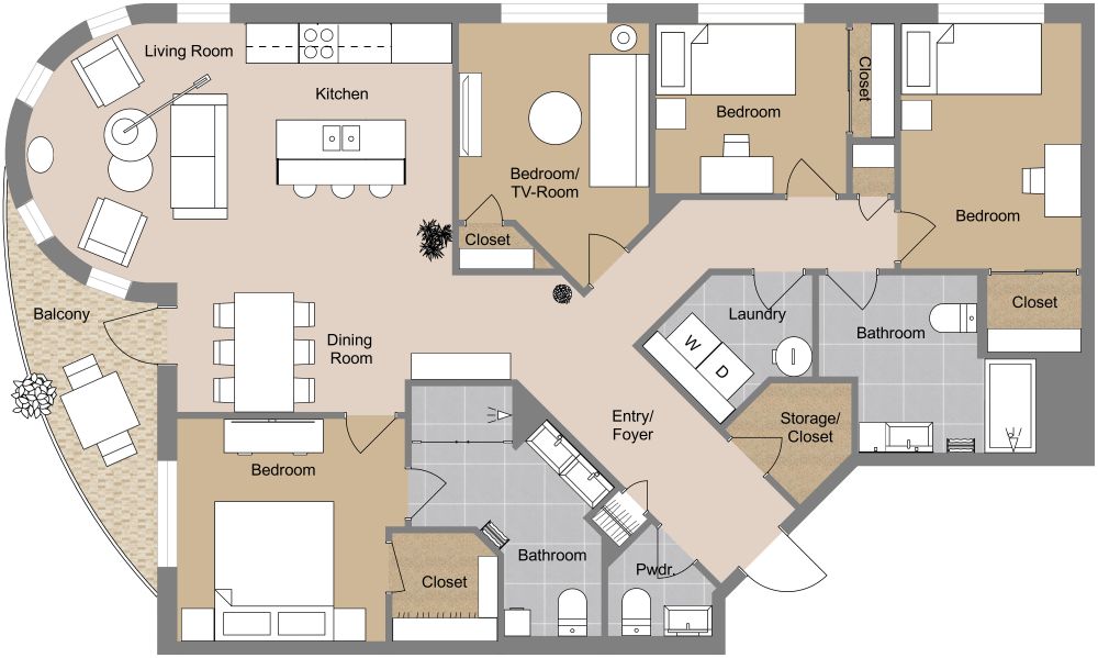 Large Apartment 2D Floor Plan with Bay Window