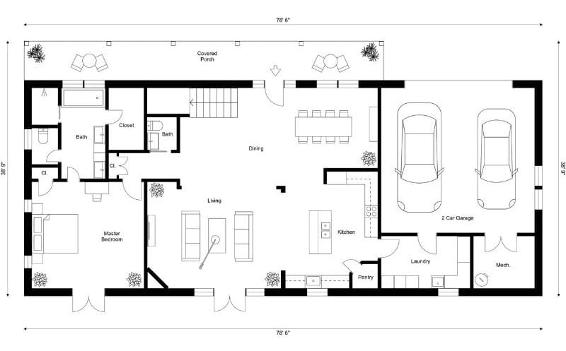 Black-and-white 2D floor plan of a single-story home with a master bedroom and bath, open living and dining area, large kitchen with island, pantry, laundry room, mechanical room, and an attached two-car garage.