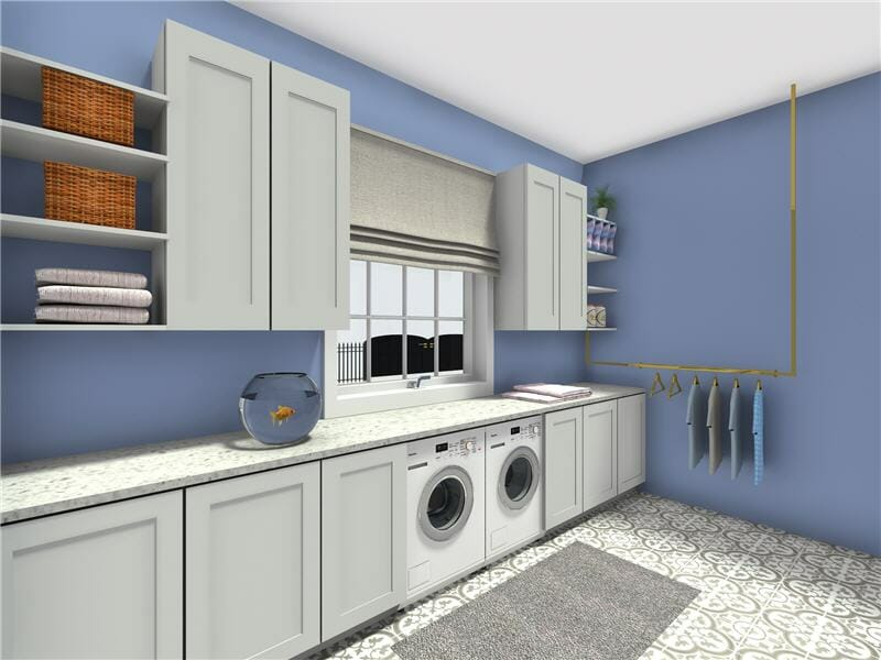 3D photo of a laundry room with French blue walls.