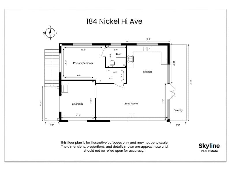 Black and white 2D floor plan for a property at 184 Nickel Hi Ave. The layout includes a primary bedroom, bathroom, kitchen, living room, entrance, and balcony. Each room is labeled with dimensions, and architectural elements like doors, windows, and stairs are shown. A compass indicates orientation, and a disclaimer at the bottom notes the plan is for illustrative purposes only. The design is branded with the Skyline Real Estate logo.