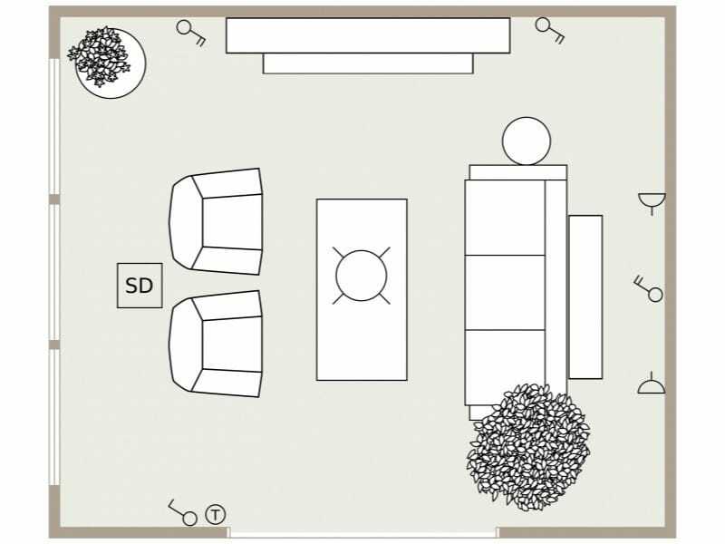 Electrical plan for a living room showing lighting fixtures, switches, outlets, and a smoke detector placed around the seating area and walls.