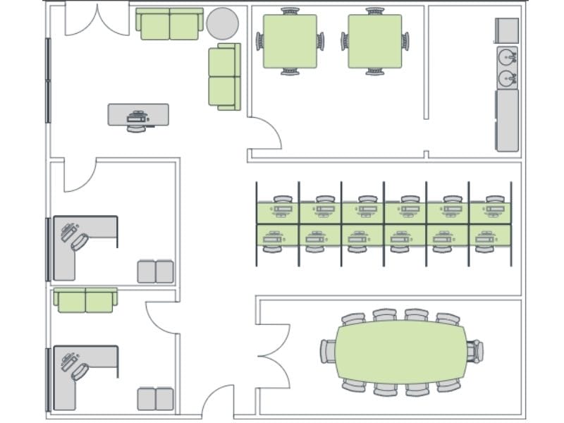 2D floor plan made with Lucidchart. The floor plan is an office layout. The tables and sofas are green and the chairs and other furniture are grey. There are two private offices, one open space, a reception, a meeting room, a small kitchen and a break room.