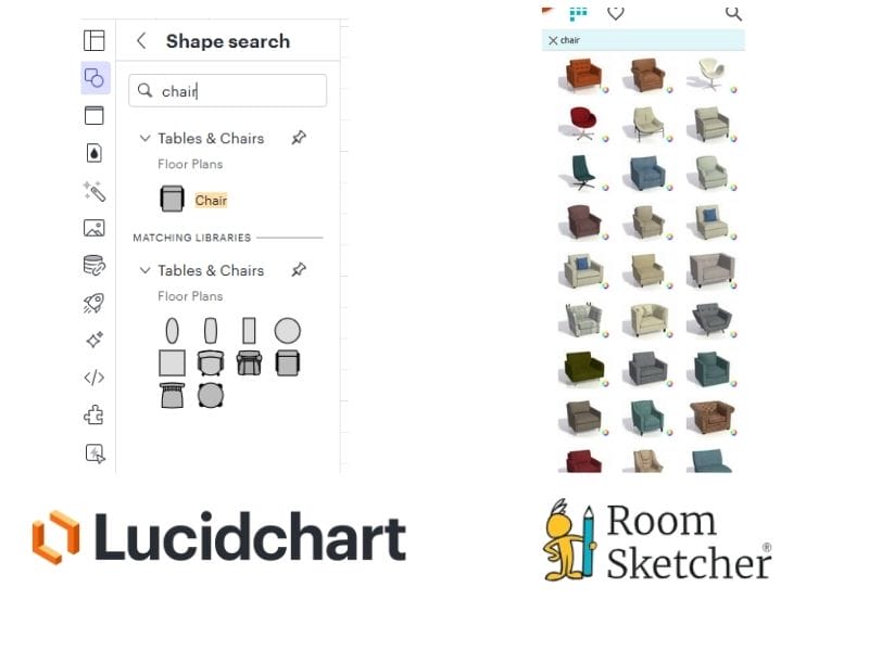 Lucidchart vs. RoomSketcher comparison of furniture library showing a selection of chairs from each software.