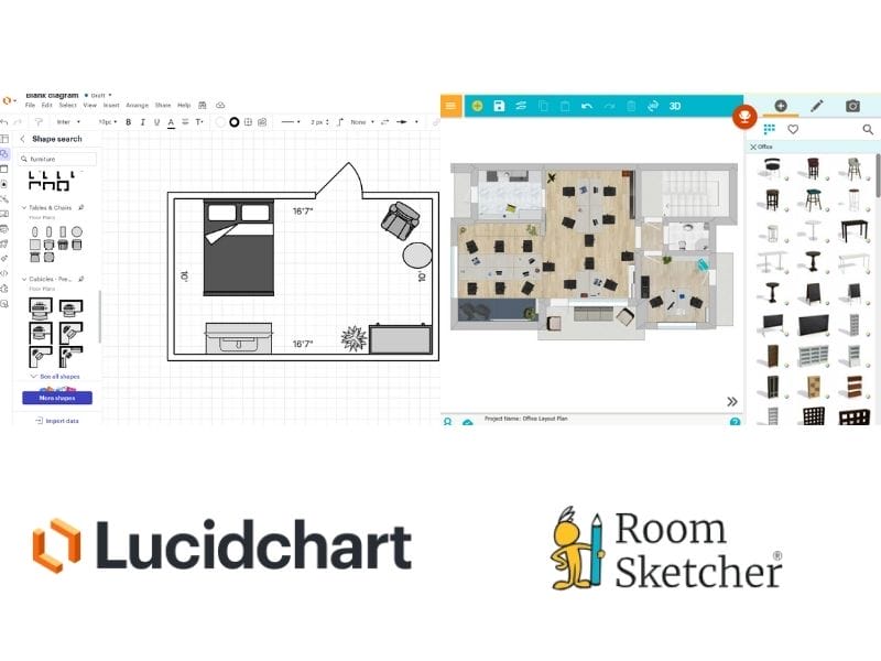 Lucidchart vs. RoomSketcher comparison of the apps. Lucidchart floor plan of a bedroom with a TV. RoomSketcher floor plan is an office floor plan.