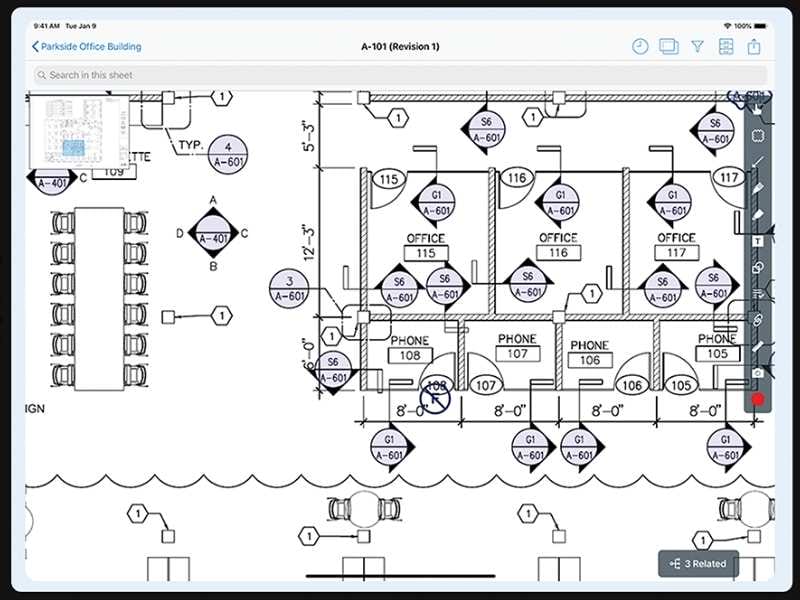 2D floor plan made with magicplan. The floor plan is of an office and is in black-and-white. It shows three offices and a break room.