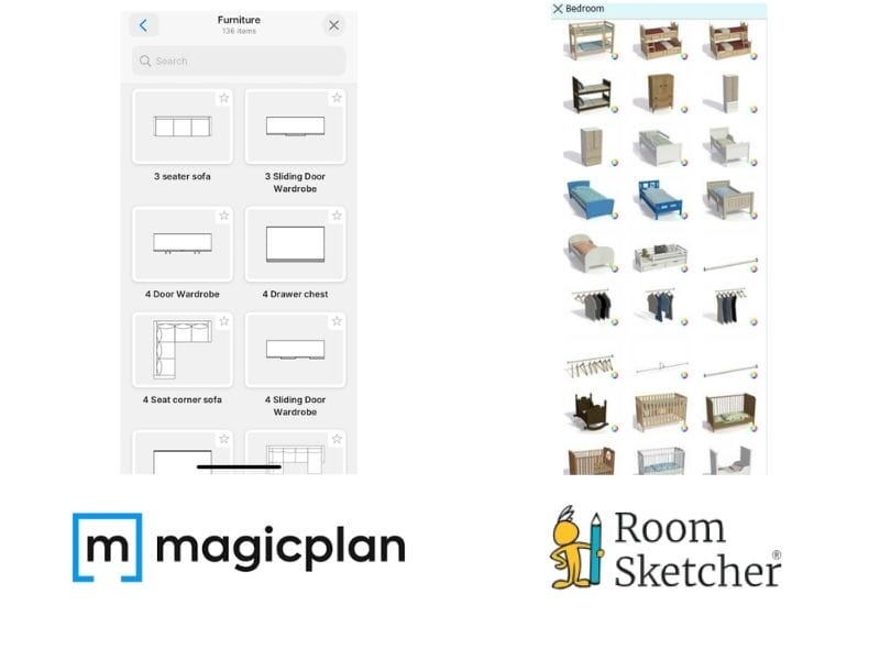 magicplan vs. RoomSketcher side-by-side comparison of furniture library.
