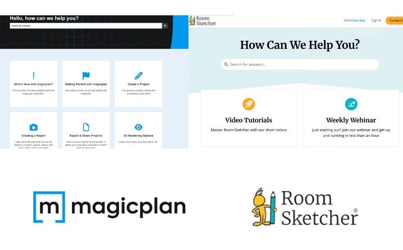 magicplan vs. RoomSketcher side-by-side comparison of help center visuals.