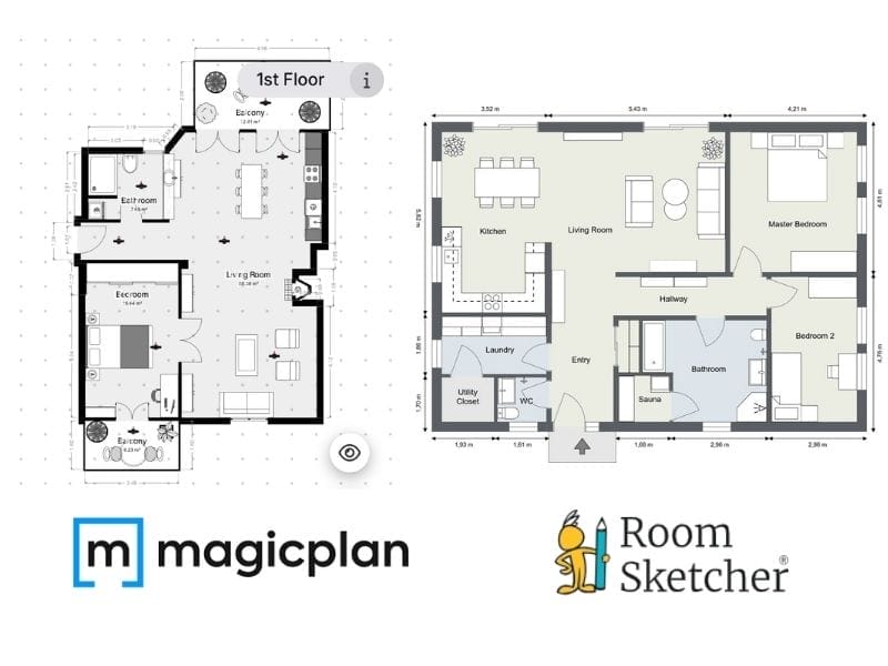 magicplan vs. RoomSketcher side-by-side comparison of 2D floor plans with measurements.