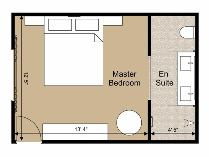 Master Bedroom 2D Floor Plan with En suite. One double bed, a wardrobe, and a chair. The bathroom has double sinks, a shower and a toilet.  