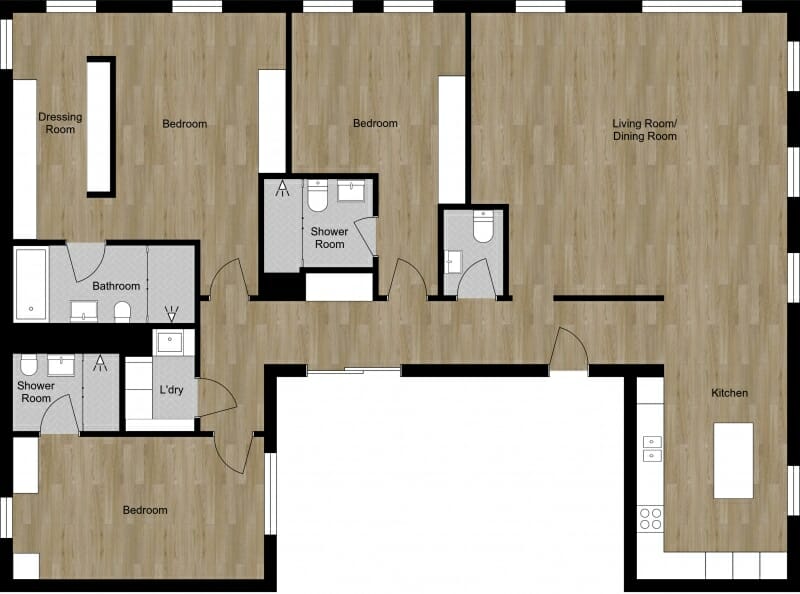 2D floor plan created with RoomSketcher, showing a three-bedroom layout with realistic materials. The plan features wood-textured flooring in living areas and bedrooms, and tiled surfaces in bathrooms and the laundry room.