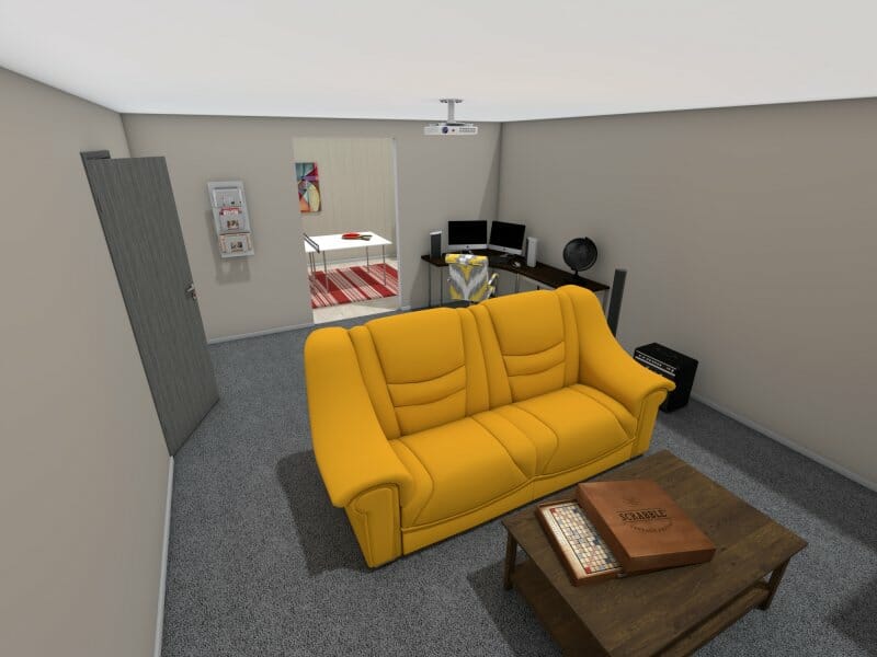 3D Photo of a basement game room.