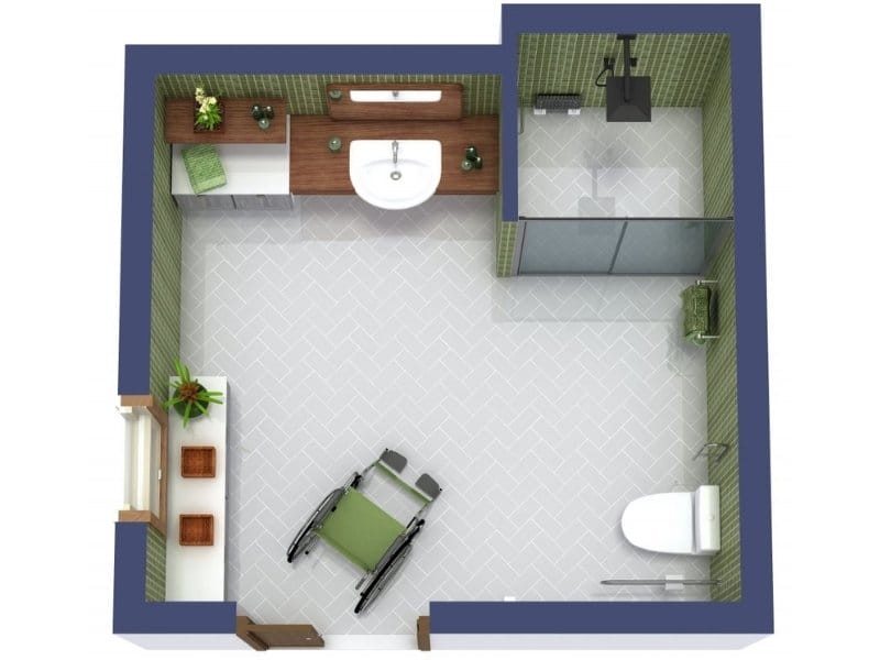 Accessible bathroom floor plan with wheelchair in the center, roll-under sink with countertop and mirror, open shower with glass divider, and toilet with grab bar. Green wall tiles and wood accents add a modern touch.
