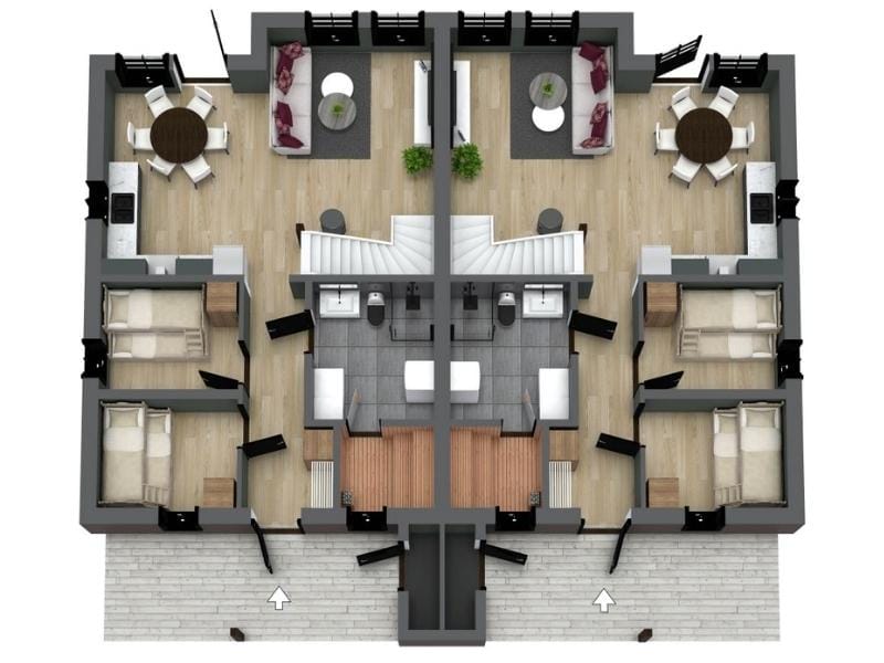 3D floor plan of a symmetrical duplex apartment showing two mirrored units. Each unit includes an entry hall, two bedrooms, a shared bathroom with double sinks, a kitchen with a dining area, and a living room with access to a balcony or terrace. A central staircase separates the two units and leads to an upper floor. The layout uses light wood flooring and modern furnishings for a clean and inviting look.