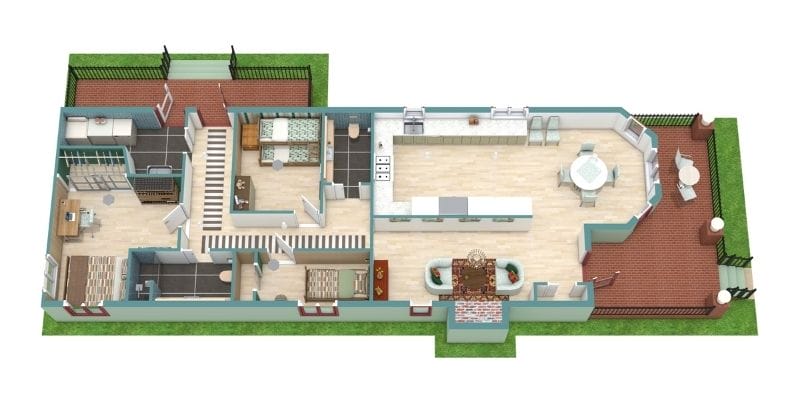 3D floor plan of a single-story shotgun-style house with a long, narrow layout. The front features a living area with a fireplace and a dining space, followed by a long kitchen with an island and a round breakfast table in a bay window nook. Behind the kitchen are two bedrooms, a bathroom, and a laundry room. The back of the house includes a sunroom, additional bathroom, and access to fenced outdoor patio areas at both the front and back.