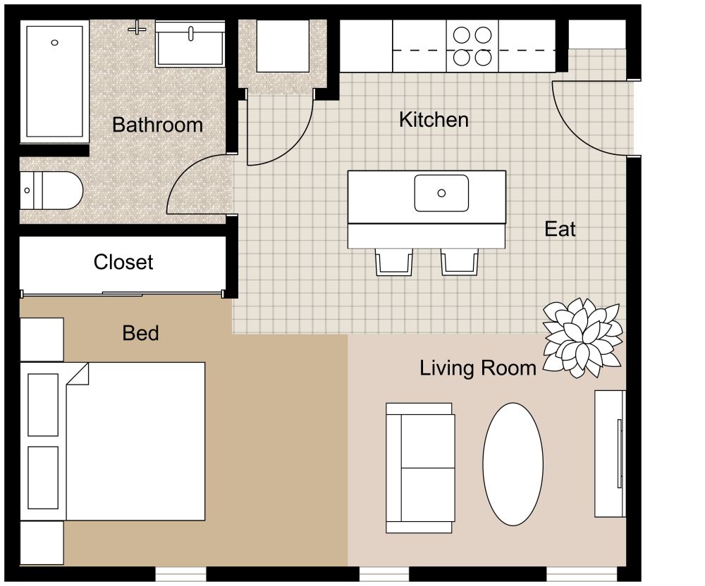 Modern Studio 2D Apartment Plan With Kitchen Island