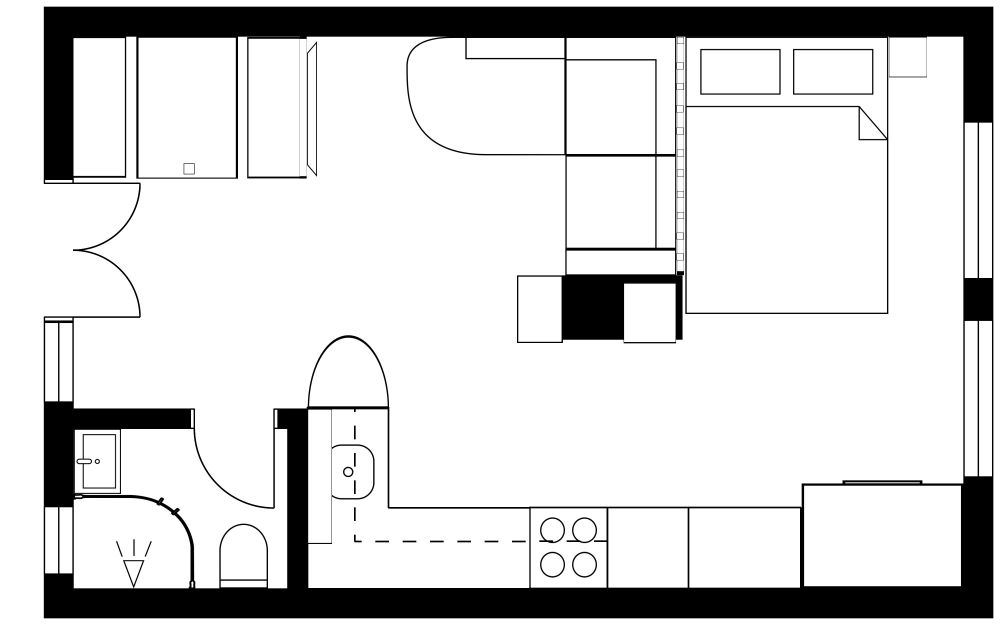 Modern Studio Apartment 2D Floor Plan with Fireplace