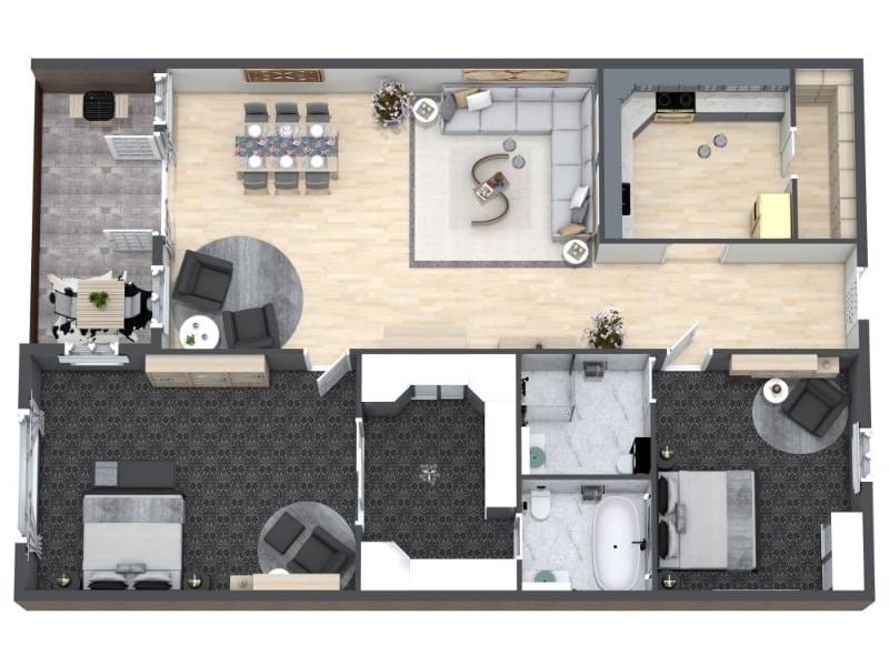 3D floor plan of an apartment showing a living room, dining area, kitchen, bedrooms, and bathroom with furniture and materials.