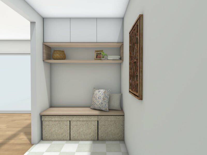 3D Photo of a mud room in white and beige with light wooden details.
