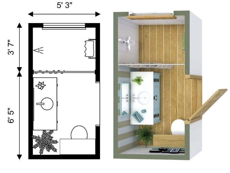 Narrow bathroom floor plan measuring 5’3” by 6’5” with a vanity and sink, toilet, and walk-in shower. Shown as both a black-and-white 2D plan and a 3D rendering with wood flooring, white walls, and modern fixtures.