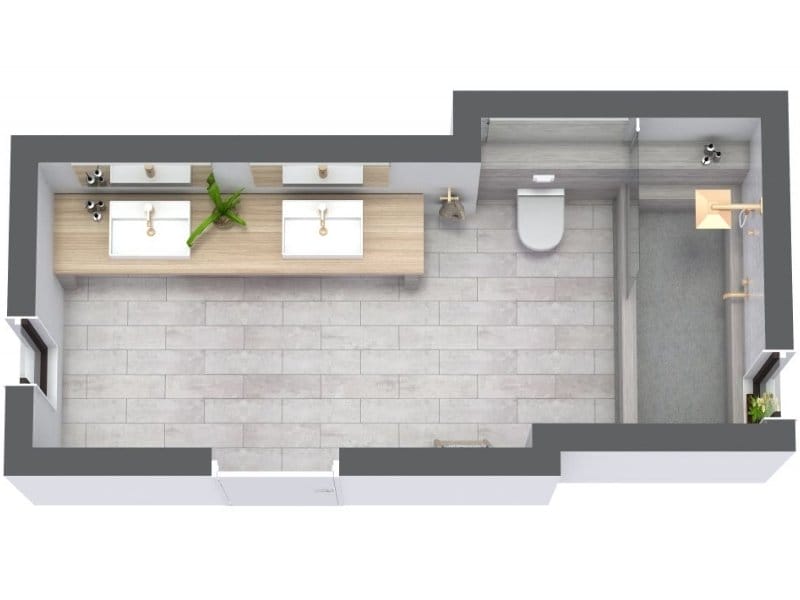 Narrow bathroom layout.