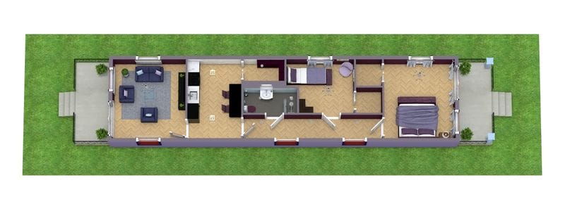 3D floor plan of a long, narrow shotgun-style house with front and back porches. The front section features a living room, followed by a kitchen with an island. Behind the kitchen are a small bedroom, bathroom, and storage spaces, leading to a large primary bedroom at the rear. The layout includes wood-pattern flooring throughout and multiple exterior entry points.