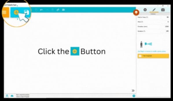 Screenshot of the RoomSketcher app interface with instructions that say “Click the + Button.” The cursor highlights the yellow “+” icon in the left toolbar, used to add items or features to the project.