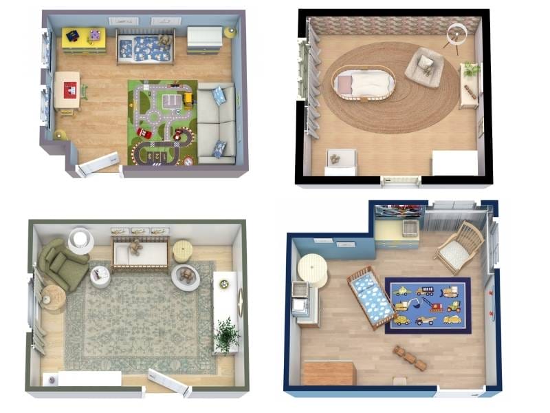 Collection of four 3D kids’ bedroom floor plans. Top left: playroom with a road-pattern rug, sofa, and toy table. Top right: nursery with a bassinet, armchair, and round jute rug. Bottom left: soft-toned nursery with a crib, armchair, and large patterned rug. Bottom right: child’s bedroom with a single bed, rocking chair, and colorful car-themed rug.