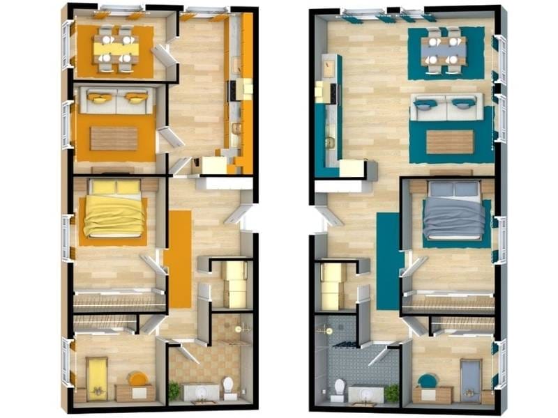 Side-by-side 3D floor plans of a one-bedroom apartment, showing two layout options. The left plan has a closed layout with separate kitchen, dining, and living areas, while the right plan features an open layout combining kitchen, dining, and living space.
