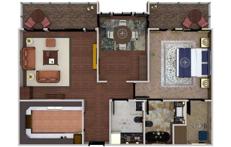 3D floor plan of a single-story home featuring a living room, dining area, kitchen, two bedrooms, and two bathrooms. The design includes two outdoor balcony spaces, dark wood flooring in main areas, and clear furniture placement for defined living spaces.