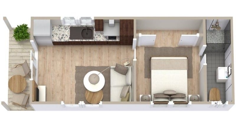 3D floor plan of a one-bedroom house with an open-plan kitchen and living area, a bedroom, and a bathroom.