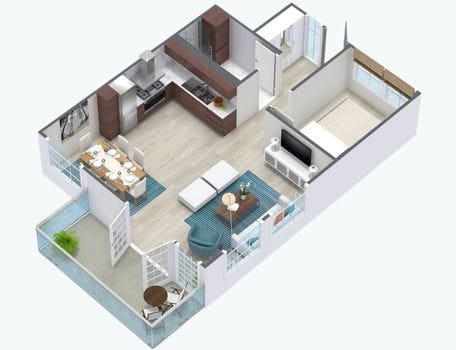 3D rendered floor plan of a modern one-bedroom apartment featuring an open-concept kitchen and living area, a separate bedroom, bathroom, and a furnished balcony with outdoor seating.